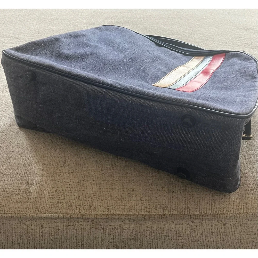 Vintage Denim Duffle Bag Blue with Yellow Red Navy Racing Stripes Travel Tote